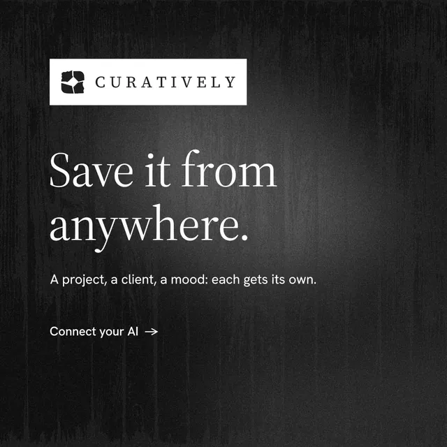 Instagram post for Curatively: "Save it from anywhere." Minimal luxury style, announce layout, dark palette in black, grey.