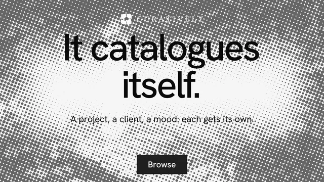 Landscape graphic for Curatively: "It catalogues itself." Swiss style, centred layout, light palette in grey, white.