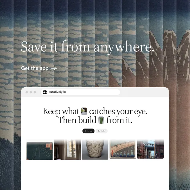 Instagram post for Curatively: "Save it from anywhere." Minimal luxury style, browser layout, light palette in grey, white.