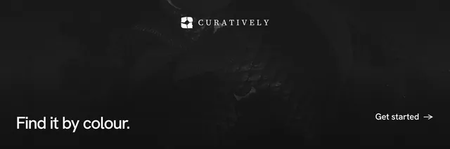 X header for Curatively: "Find it by colour." Swiss style, image led layout, dark palette in black.