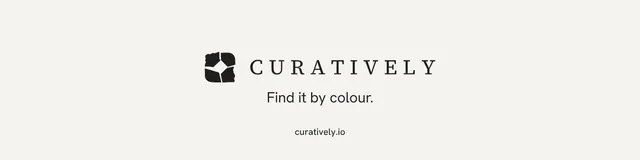 LinkedIn banner for Curatively: "Find it by colour." Swiss style, end card layout, light palette in white.