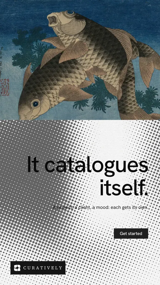 Instagram story for Curatively: "It catalogues itself." Swiss style, right layout, light palette in grey, blue, white.