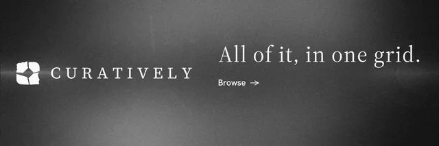 X header for Curatively: "All of it, in one grid." Minimal luxury style, logo hero layout, dark palette in grey, black.