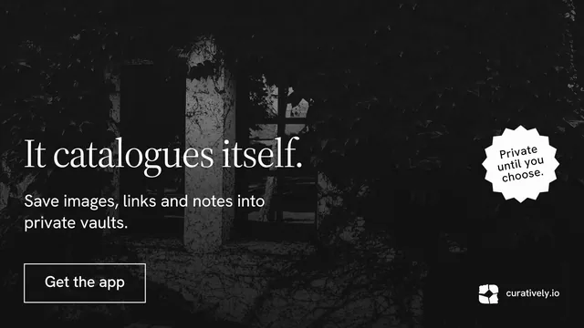 Landscape graphic for Curatively: "It catalogues itself." Editorial style, sticker layout, dark palette in black, grey.