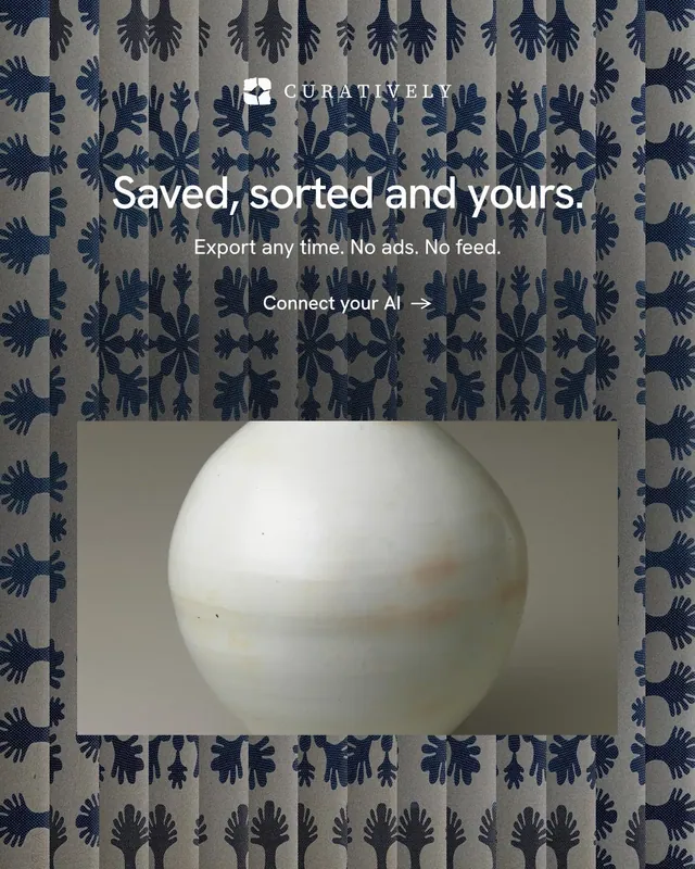 Instagram portrait post for Curatively: "Saved, sorted and yours." Minimal luxury style, centred layout, dark palette in grey, black.