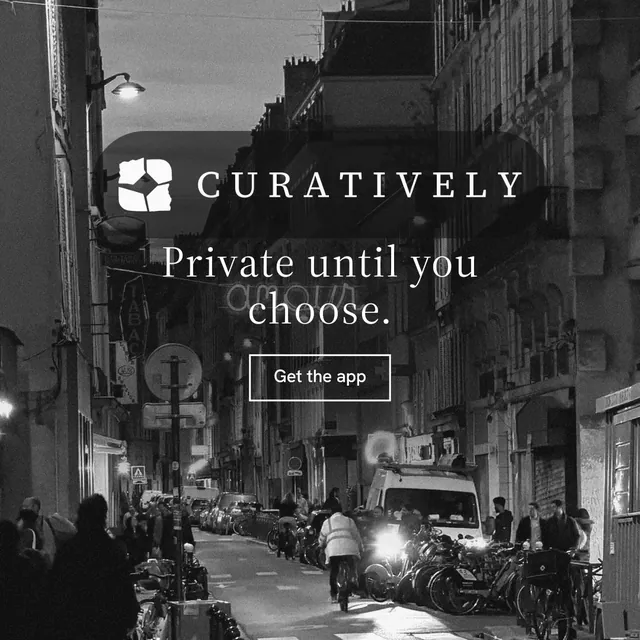 Instagram post for Curatively: "Private until you choose." Editorial style, logo hero layout, dark palette in grey, black.