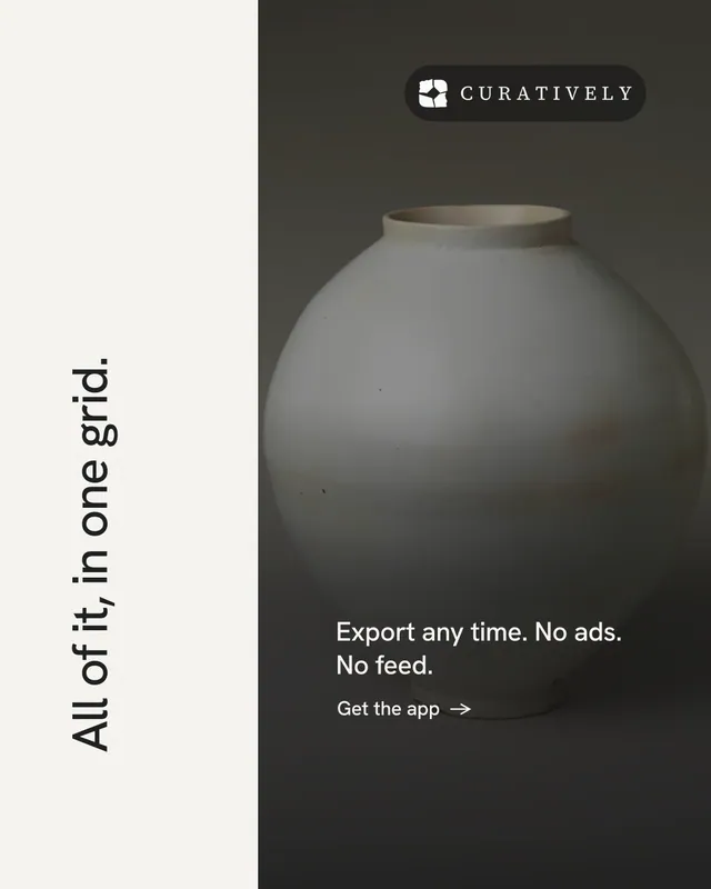 Instagram portrait post for Curatively: "All of it, in one grid." Minimal luxury style, vertical layout, light palette in white, black, grey.