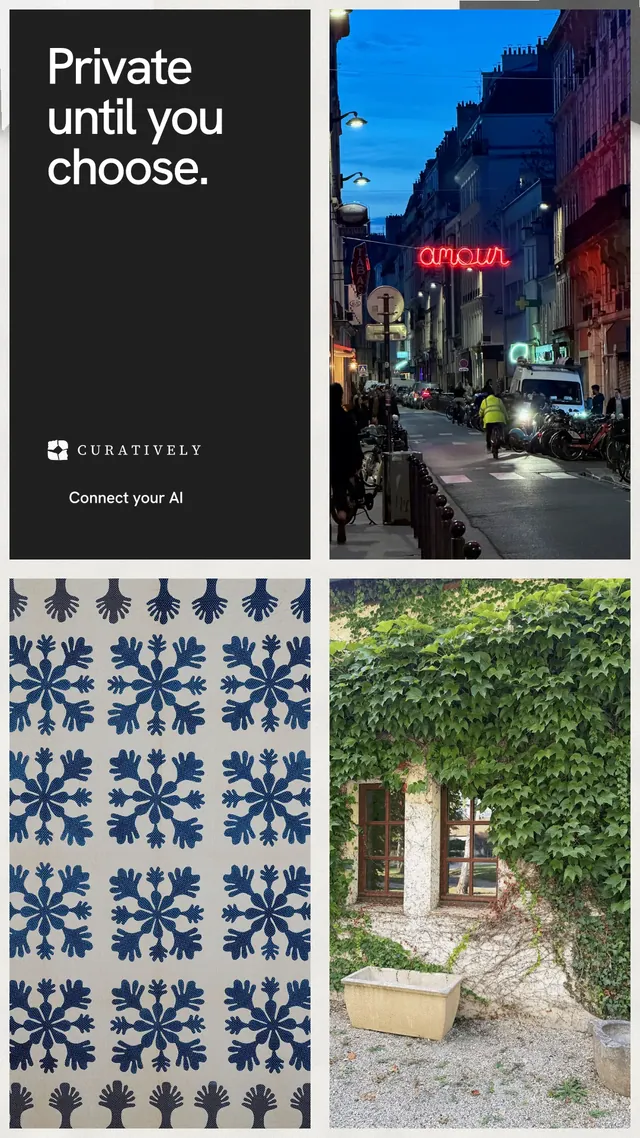 Instagram story for Curatively: "Private until you choose." Swiss style, collage layout, dark palette in black, grey, white.