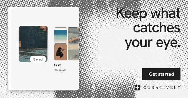 Social ad for Curatively: "Keep what catches your eye." Swiss style, right layout, light palette in grey, white.
