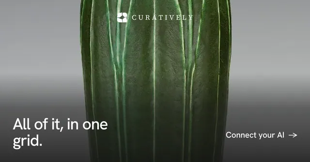 Social ad for Curatively: "All of it, in one grid." Minimal luxury style, image led layout, dark palette in grey, black.