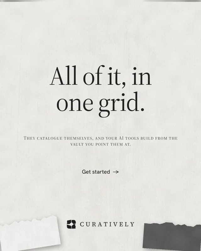 Instagram portrait post for Curatively: "All of it, in one grid." Editorial style, smallcaps layout, light palette in white, grey.