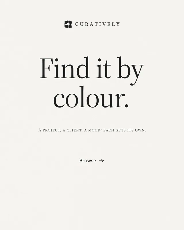 Instagram portrait post for Curatively: "Find it by colour." Editorial style, smallcaps layout, light palette in white, grey.