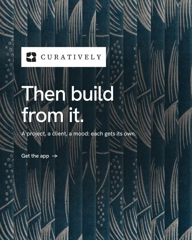 Instagram portrait post for Curatively: "Then build from it." Minimal luxury style, announce layout, dark palette in blue, black, grey.