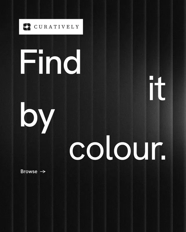 Instagram portrait post for Curatively: "Find it by colour." Minimal luxury style, stacked layout, dark palette in black, grey.