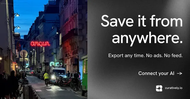 Social ad for Curatively: "Save it from anywhere." Minimal luxury style, right layout, dark palette in grey, black.