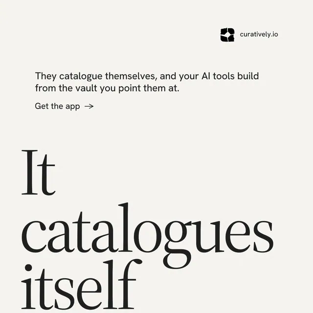 Instagram post for Curatively: "Saved, sorted and yours." Minimal luxury style, oversized layout, light palette in white, grey.