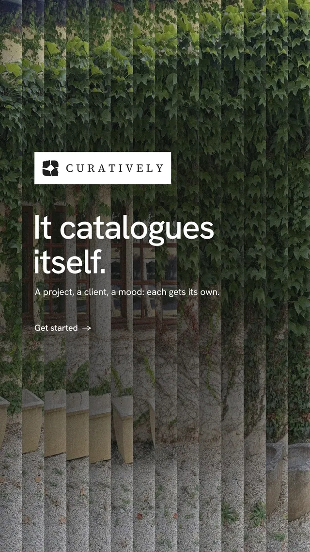 Instagram story for Curatively: "It catalogues itself." Minimal luxury style, announce layout, dark palette in grey, black.