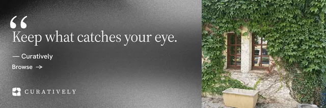 X header for Curatively: "Keep a vault for each thing you make." Minimal luxury style, quote layout, dark palette in grey, black.