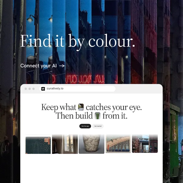 Instagram post for Curatively: "Find it by colour." Minimal luxury style, browser layout, light palette in white, black, pink.