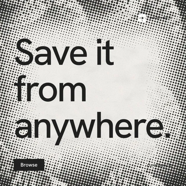 Instagram post for Curatively: "Save it from anywhere." Swiss style, poster layout, light palette in grey, white.