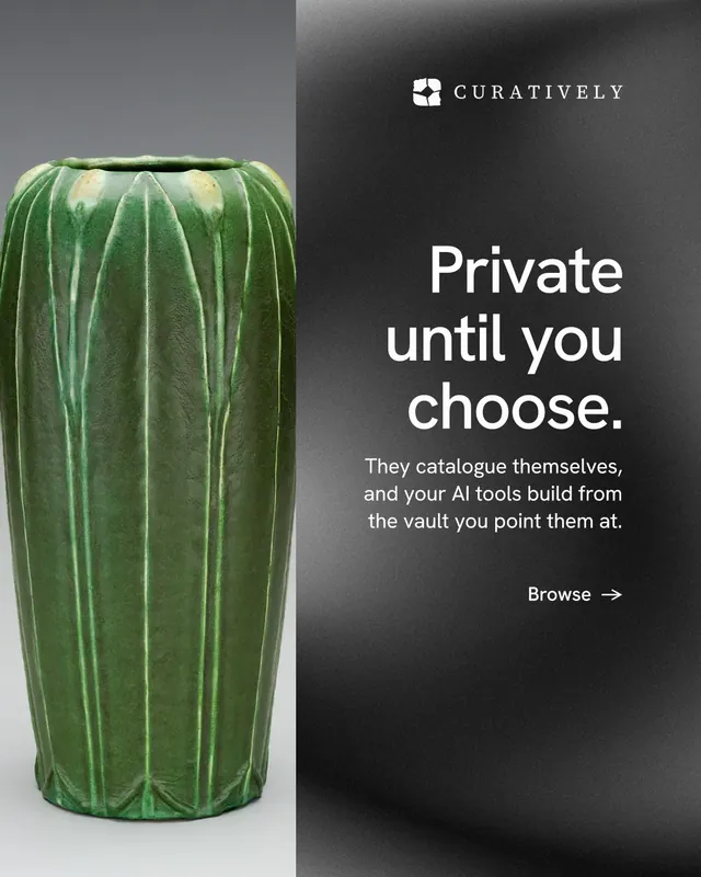 Instagram portrait post for Curatively: "Private until you choose." Minimal luxury style, right layout, dark palette in black, grey.