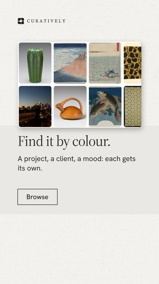 Instagram story for Curatively: "Find it by colour." Editorial style, skeleton layout, light palette in white, grey.