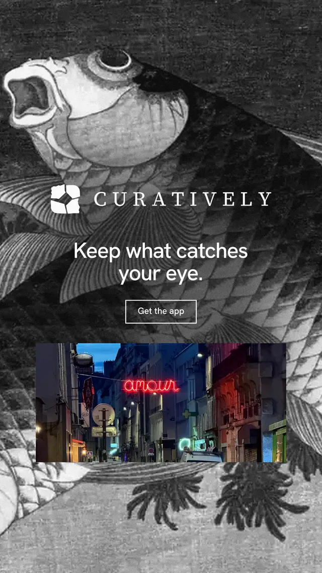 Instagram story for Curatively: "Keep what catches your eye." Editorial style, logo hero layout, dark palette in black, grey.
