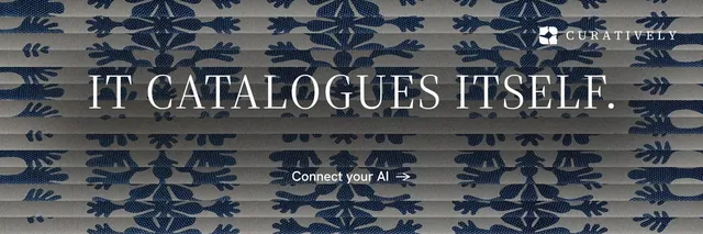 X header for Curatively: "It catalogues itself." Minimal luxury style, centred layout, dark palette in grey, blue.