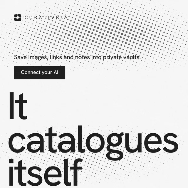 Instagram post for Curatively: "Find it by colour." Swiss style, oversized layout, light palette in white, grey.