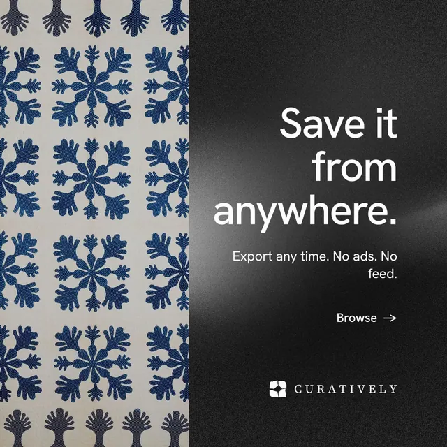 Instagram post for Curatively: "Save it from anywhere." Minimal luxury style, right layout, dark palette in grey, black.