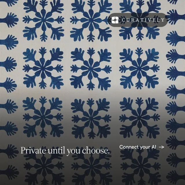 Instagram post for Curatively: "Private until you choose." Editorial style, image led layout, dark palette in grey, blue.