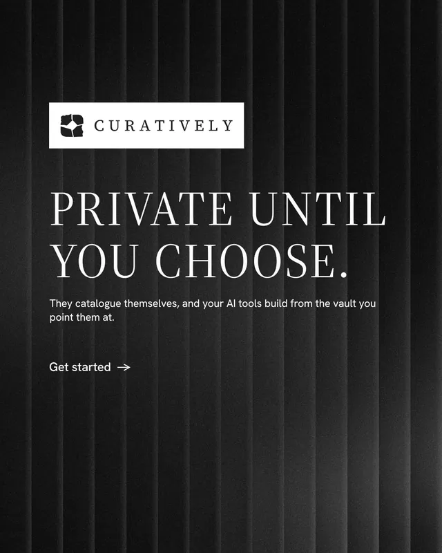 Instagram portrait post for Curatively: "Private until you choose." Minimal luxury style, announce layout, dark palette in black, grey.