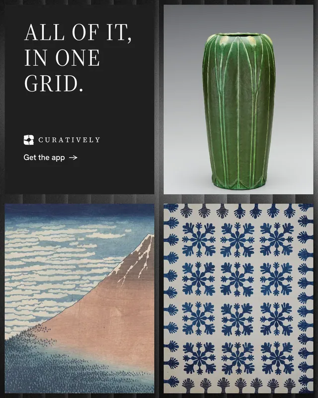 Instagram portrait post for Curatively: "All of it, in one grid." Minimal luxury style, collage layout, light palette in black, grey.