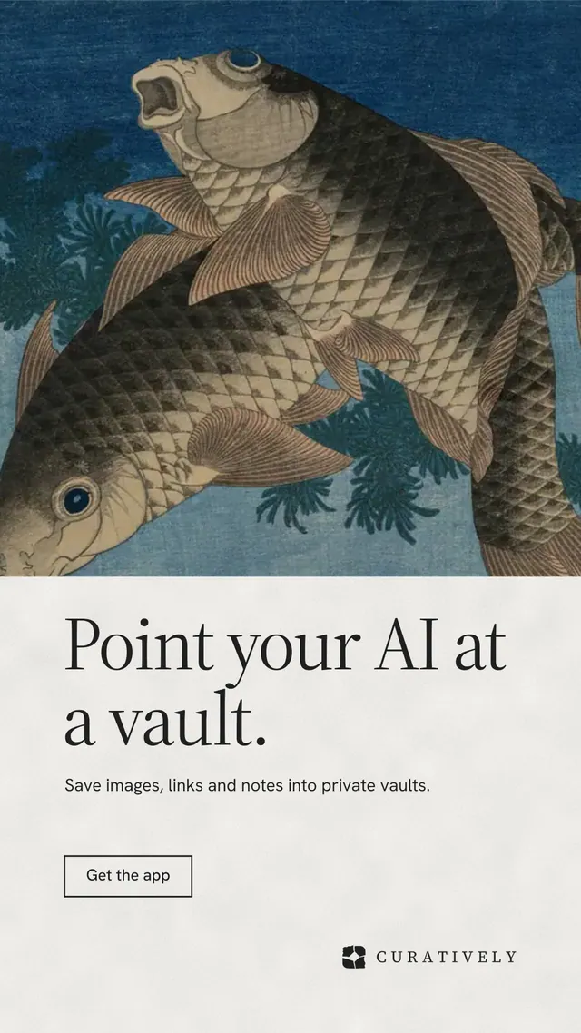 Instagram story for Curatively: "Point your AI at a vault." Editorial style, bottom layout, light palette in blue, grey, white.