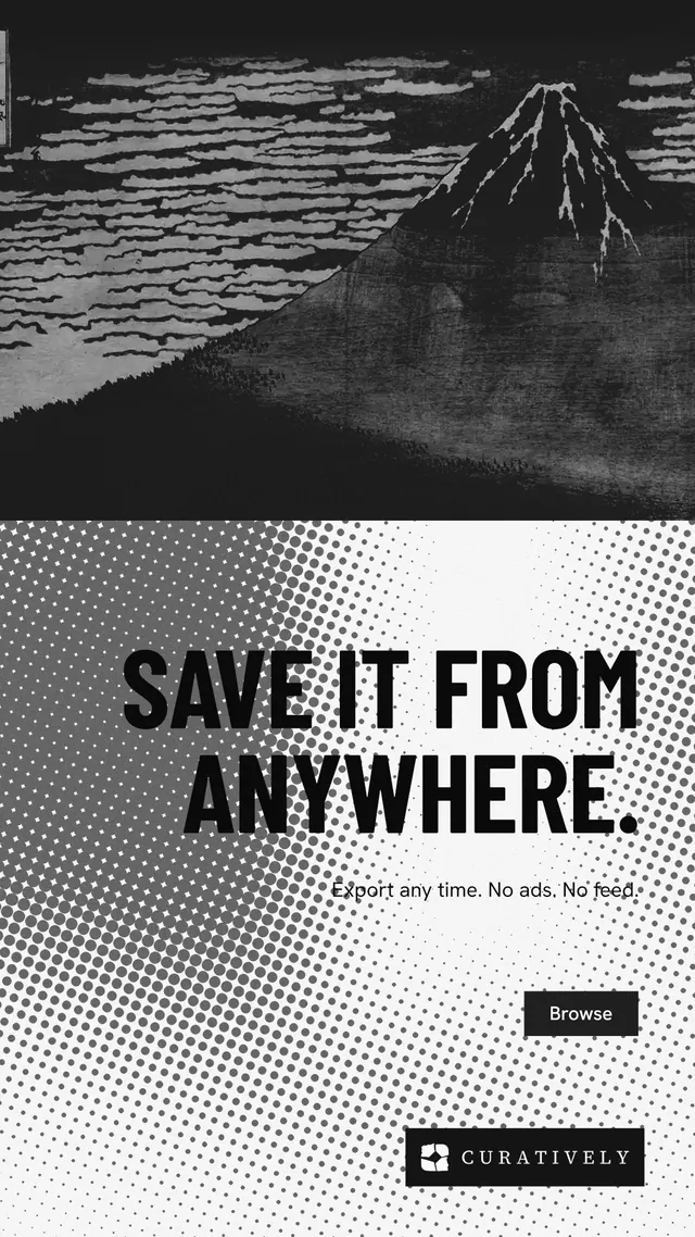 Instagram story for Curatively: "Save it from anywhere." Retro print style, right layout, light palette in black, grey, white.
