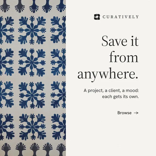 Instagram post for Curatively: "Save it from anywhere." Minimal luxury style, right layout, light palette in white, grey.