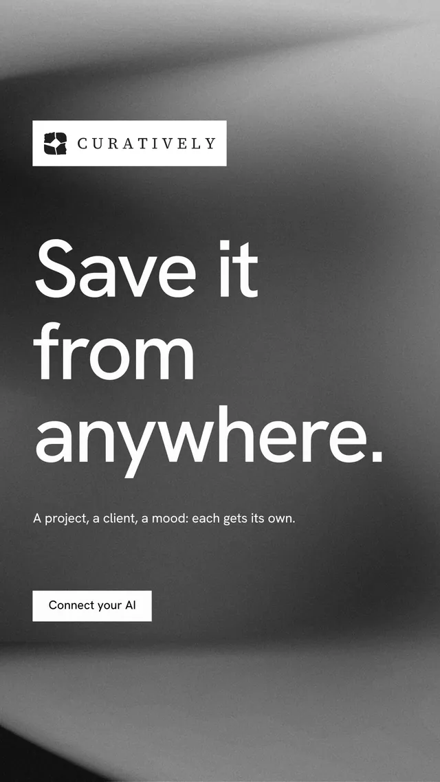 Instagram story for Curatively: "Save it from anywhere." Swiss style, announce layout, dark palette in grey, black.