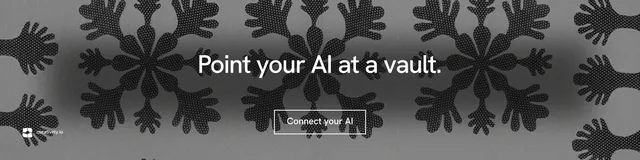 LinkedIn banner for Curatively: "Point your AI at a vault." Editorial style, centred layout, dark palette in black, grey.