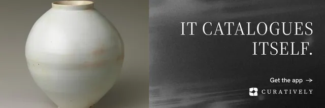 X header for Curatively: "It catalogues itself." Minimal luxury style, right layout, dark palette in grey, black.