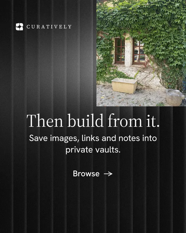 Instagram portrait post for Curatively: "Then build from it." Minimal luxury style, skeleton layout, dark palette in black, grey.