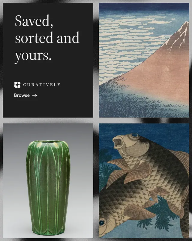 Instagram portrait post for Curatively: "Saved, sorted and yours." Minimal luxury style, collage layout, dark palette in black, grey.