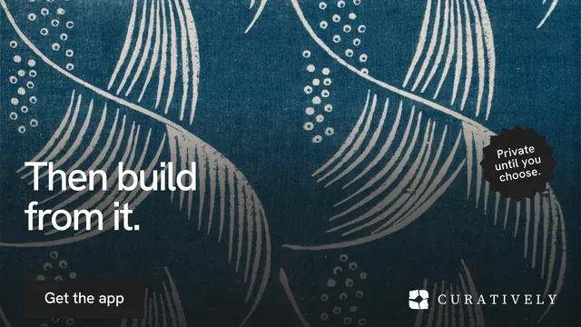 Landscape graphic for Curatively: "Then build from it." Swiss style, sticker layout, dark palette in blue, grey.
