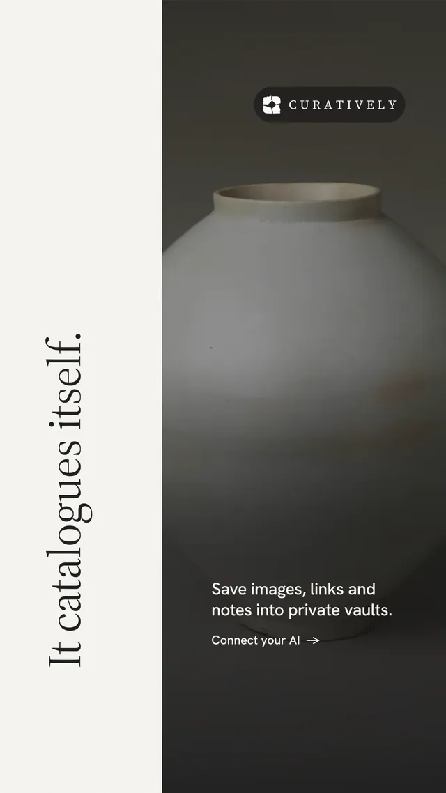 Instagram story for Curatively: "It catalogues itself." Minimal luxury style, vertical layout, light palette in white, black, grey.