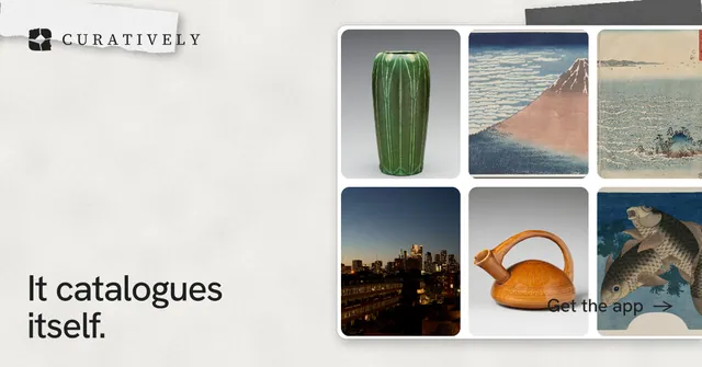 Social ad for Curatively: "It catalogues itself." Editorial style, image led layout, light palette in grey, white.
