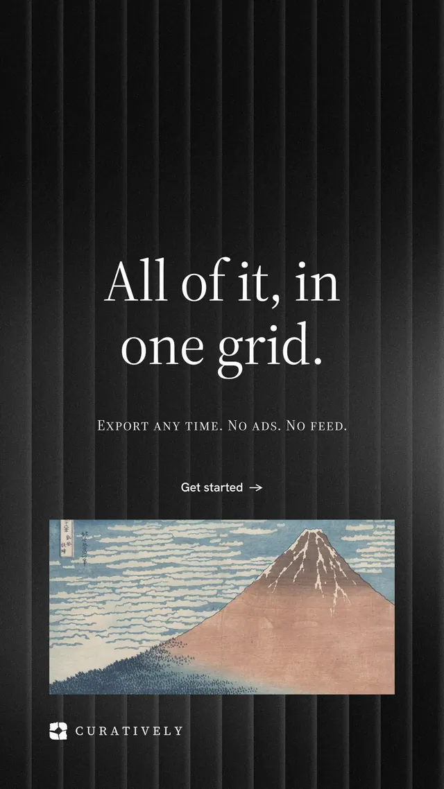 Instagram story for Curatively: "All of it, in one grid." Minimal luxury style, smallcaps layout, dark palette in black, grey.