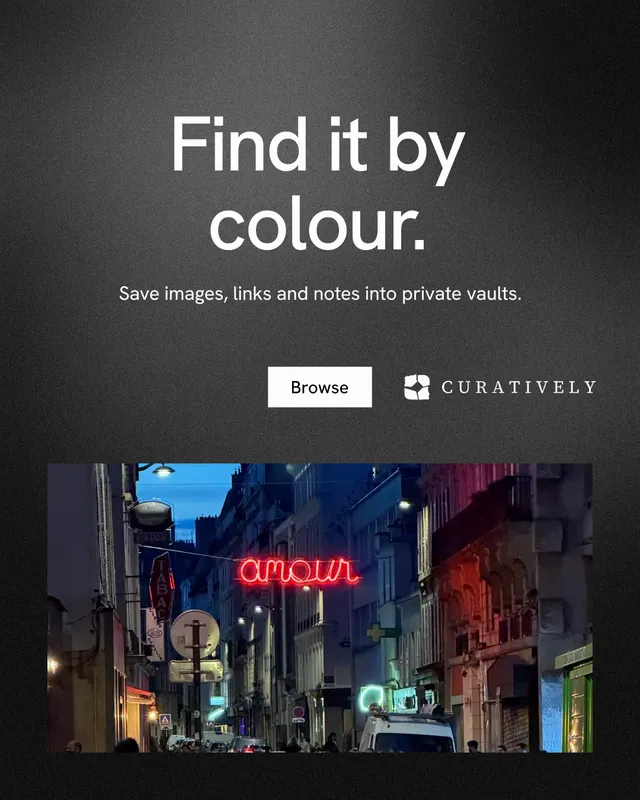Instagram portrait post for Curatively: "Find it by colour." Swiss style, centred layout, dark palette in black, grey.