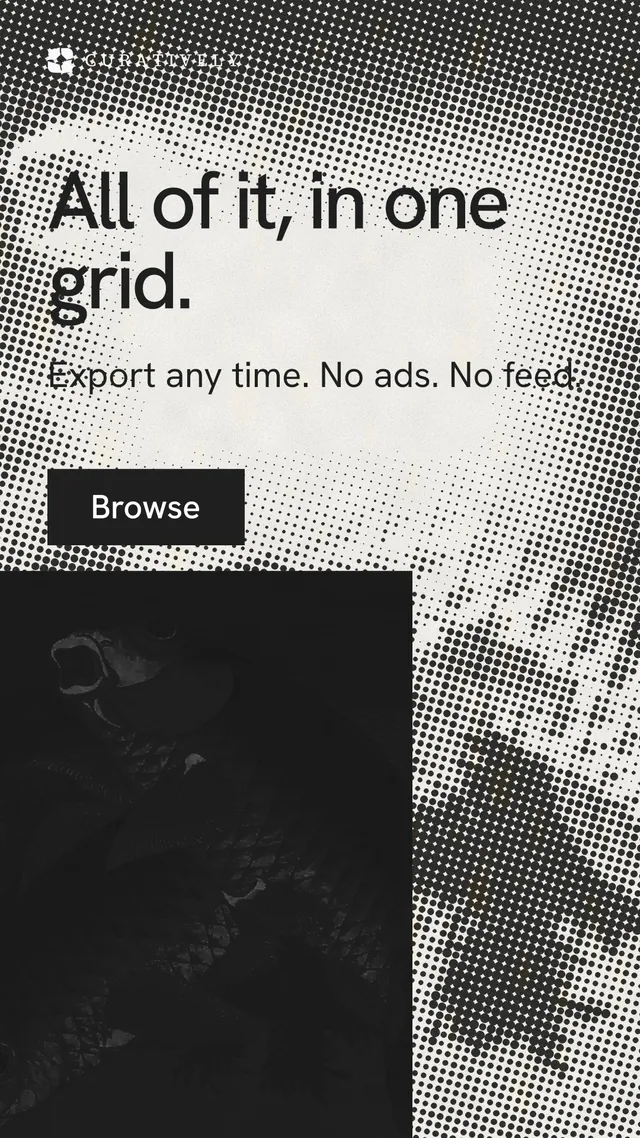 Instagram story for Curatively: "All of it, in one grid." Swiss style, skeleton layout, light palette in black, white, grey.