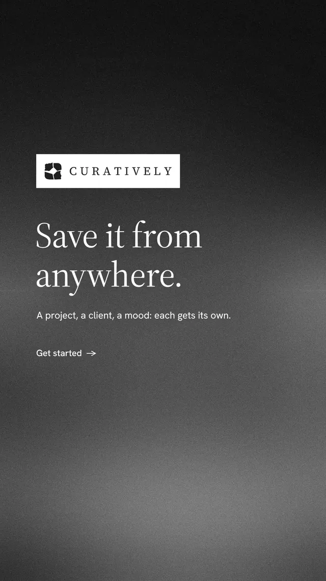 Instagram story for Curatively: "Save it from anywhere." Minimal luxury style, announce layout, dark palette in grey, black.