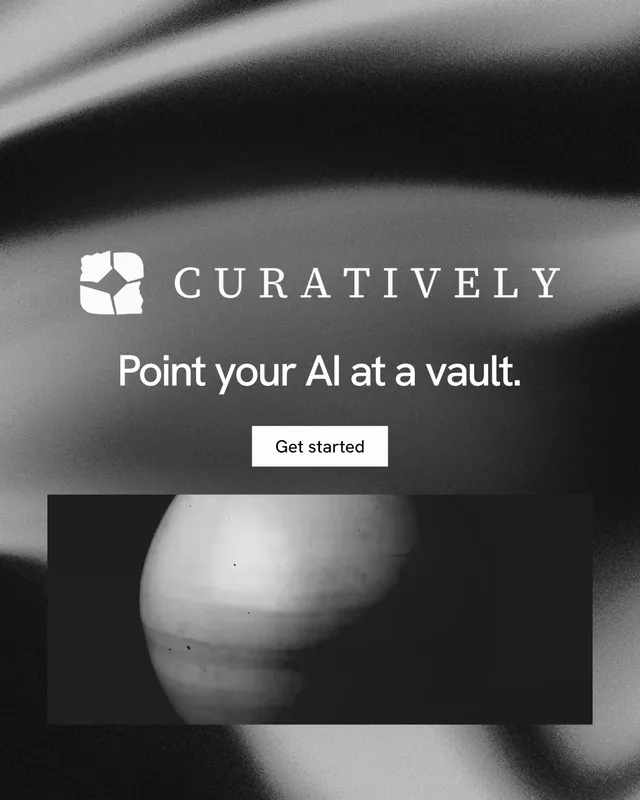 Instagram portrait post for Curatively: "Point your AI at a vault." Swiss style, logo hero layout, dark palette in grey, black.