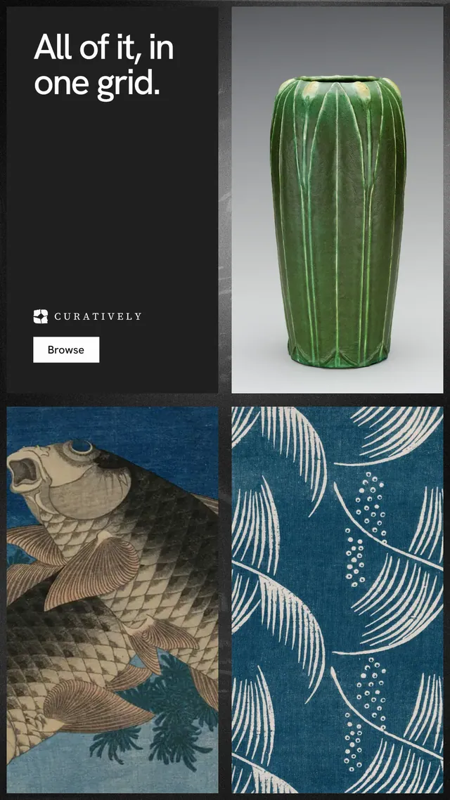 Instagram story for Curatively: "All of it, in one grid." Swiss style, collage layout, dark palette in black, blue, grey.